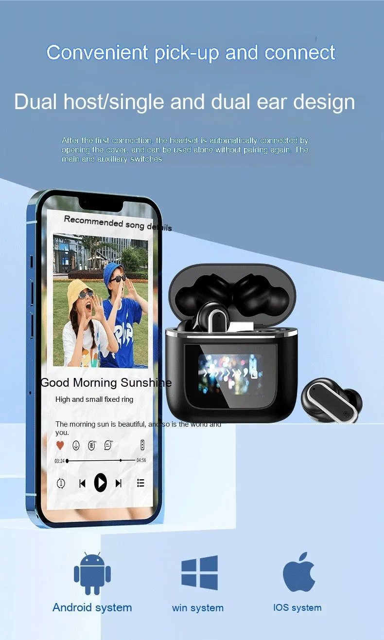 Intelligent Touch Screen Bluetooth Earphones in Black and Gold with ear plug style design