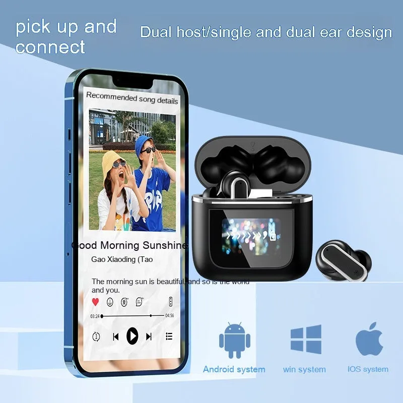 Intelligent Touch Screen Bluetooth Earphones in Black and Gold with ear plug style design