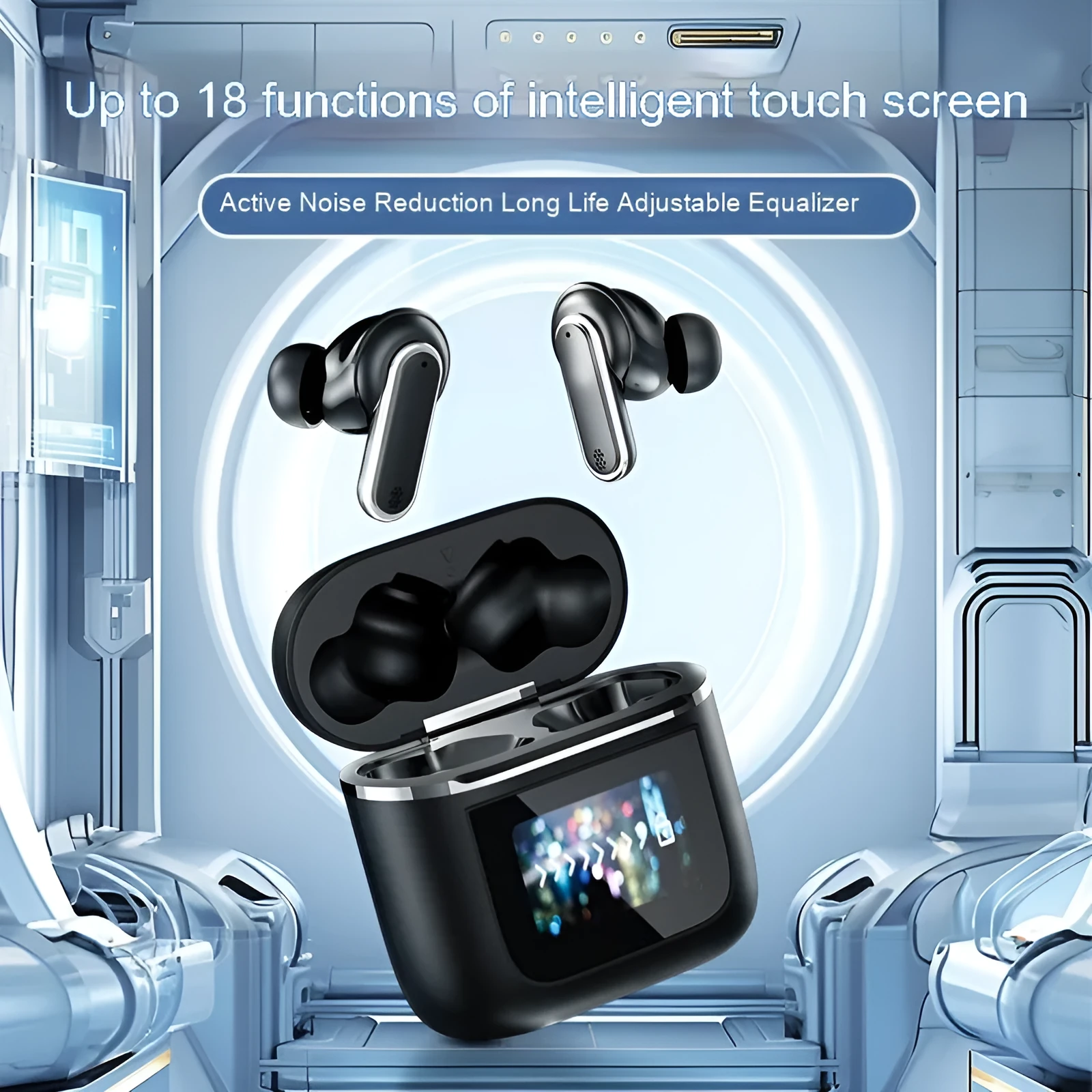 Intelligent Touch Screen Bluetooth Earphones in Black and Gold with ear plug style design