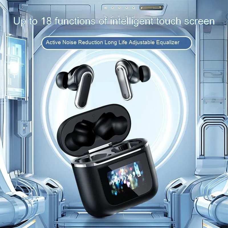 Intelligent Touch Screen Bluetooth Earphones in Black and Gold with ear plug style design
