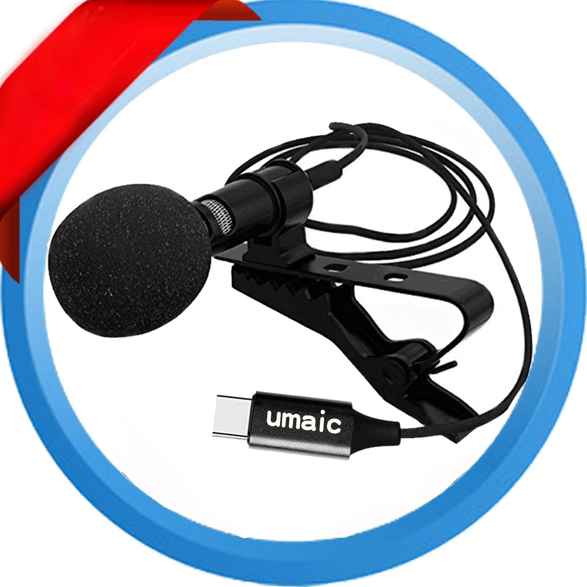 Black USB-C lavalier microphone with metal clip and sponge cover on a table