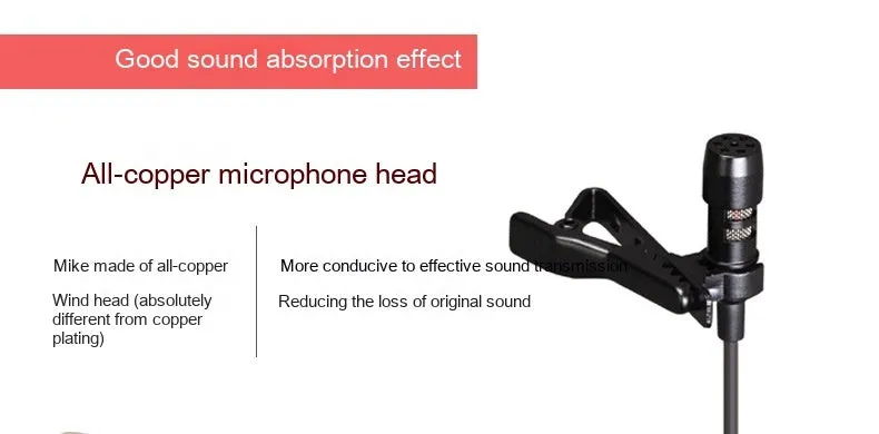 Black USB-C lavalier microphone with metal clip and sponge cover on a table
