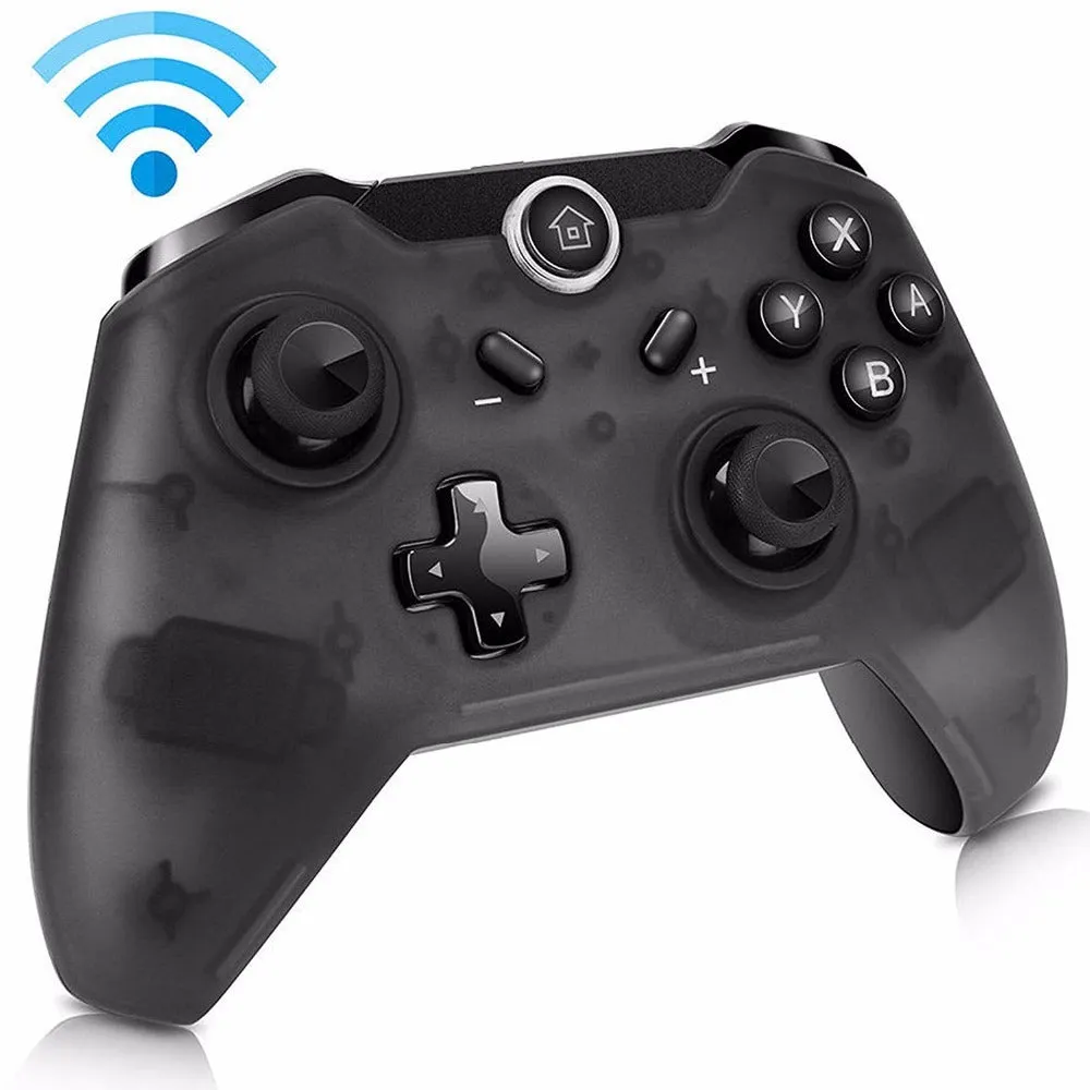 SWH wireless game controller for Nintendo Switch in hand, showing analogue sticks, face buttons, and ergonomic shape.