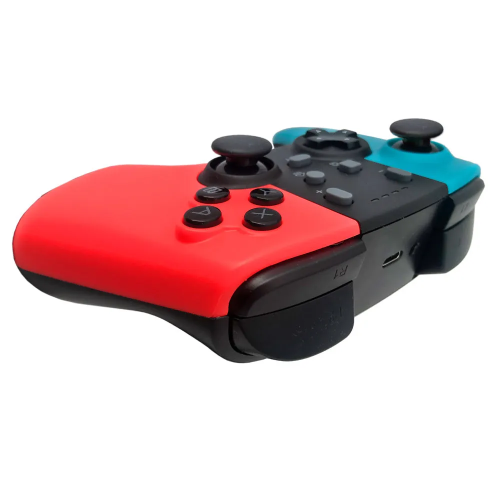 SWH wireless game controller for Nintendo Switch in hand, showing analogue sticks, face buttons, and ergonomic shape.