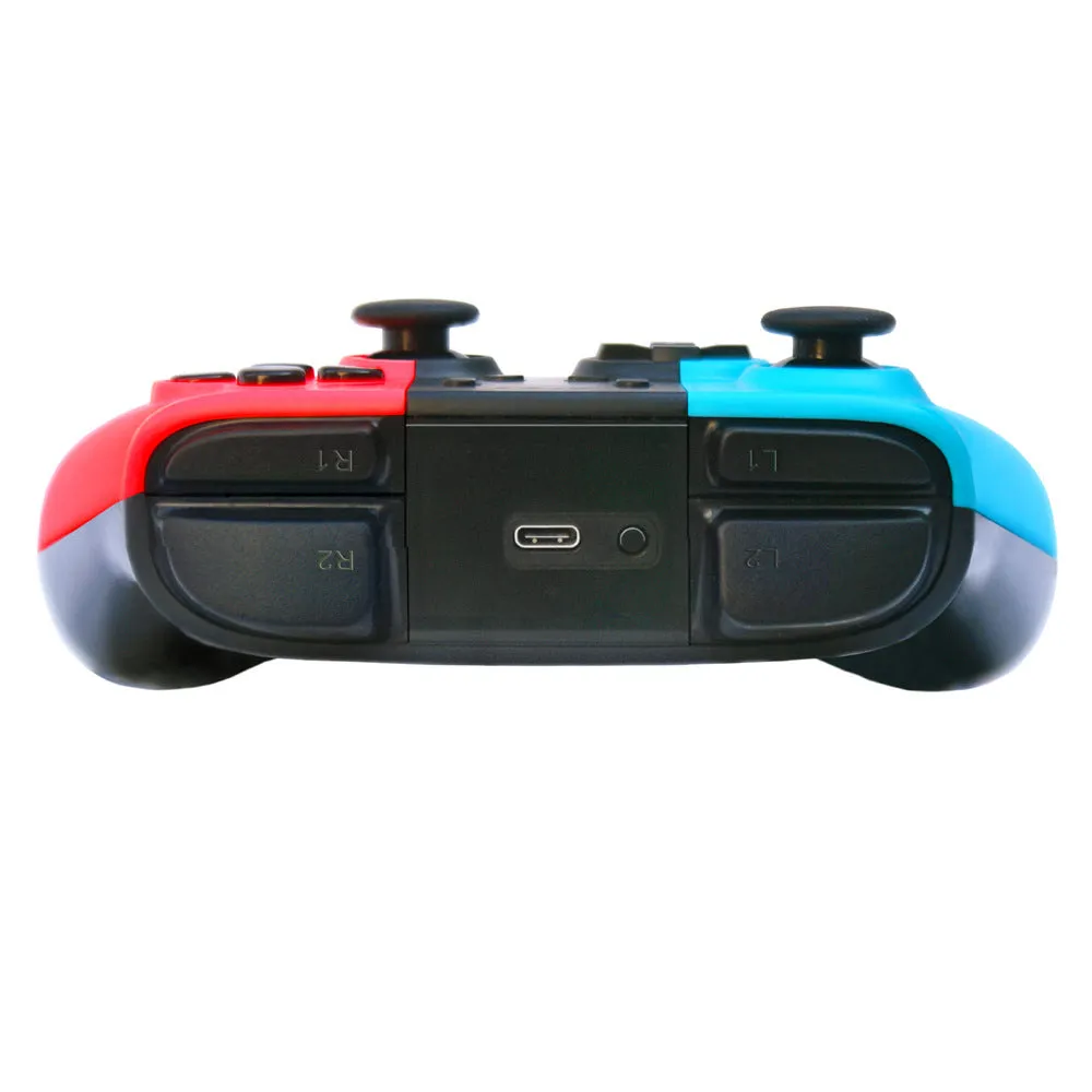 SWH wireless game controller for Nintendo Switch in hand, showing analogue sticks, face buttons, and ergonomic shape.