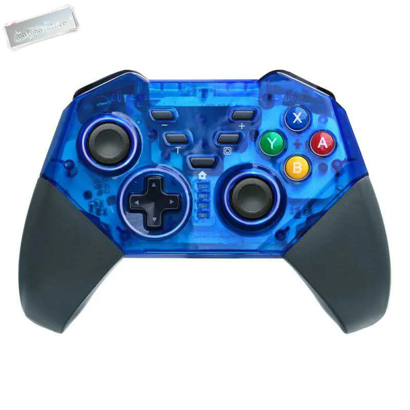 SWH wireless game controller for Nintendo Switch in hand, showing analogue sticks, face buttons, and ergonomic shape.