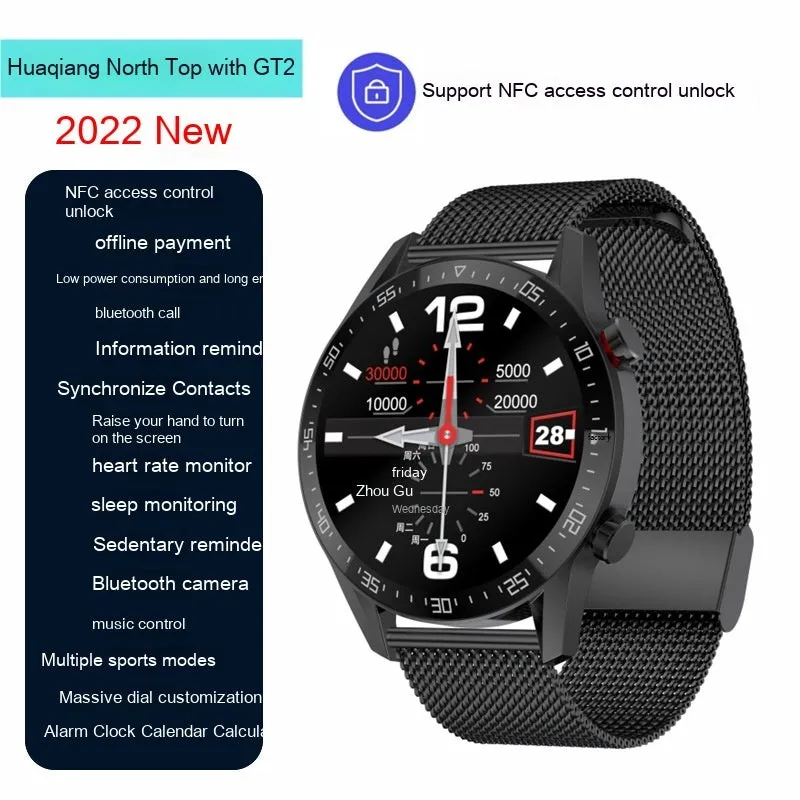 GT2 smart watch black strap 1.3 inch screen touch button NFC Bluetooth calling