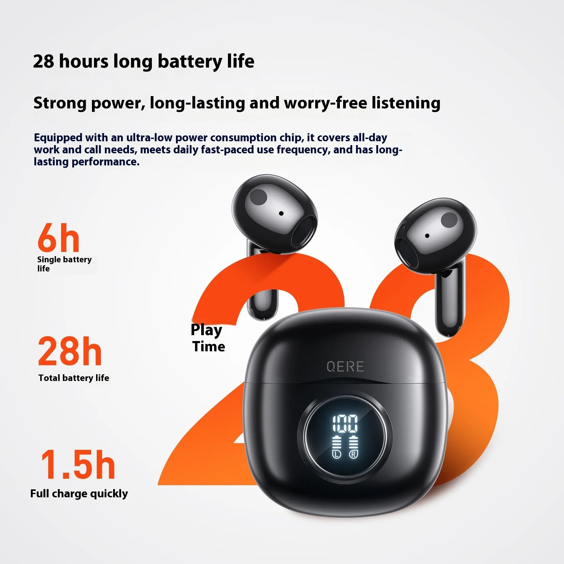 E40 TWS wireless Bluetooth headset with digital display charging case, e-sports in-ear design, black or white