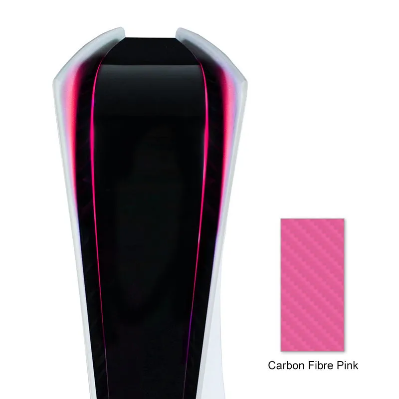 PS5 LED light bar sticker in carbon fibre design, showing pink, red, gold, and blue colour options.