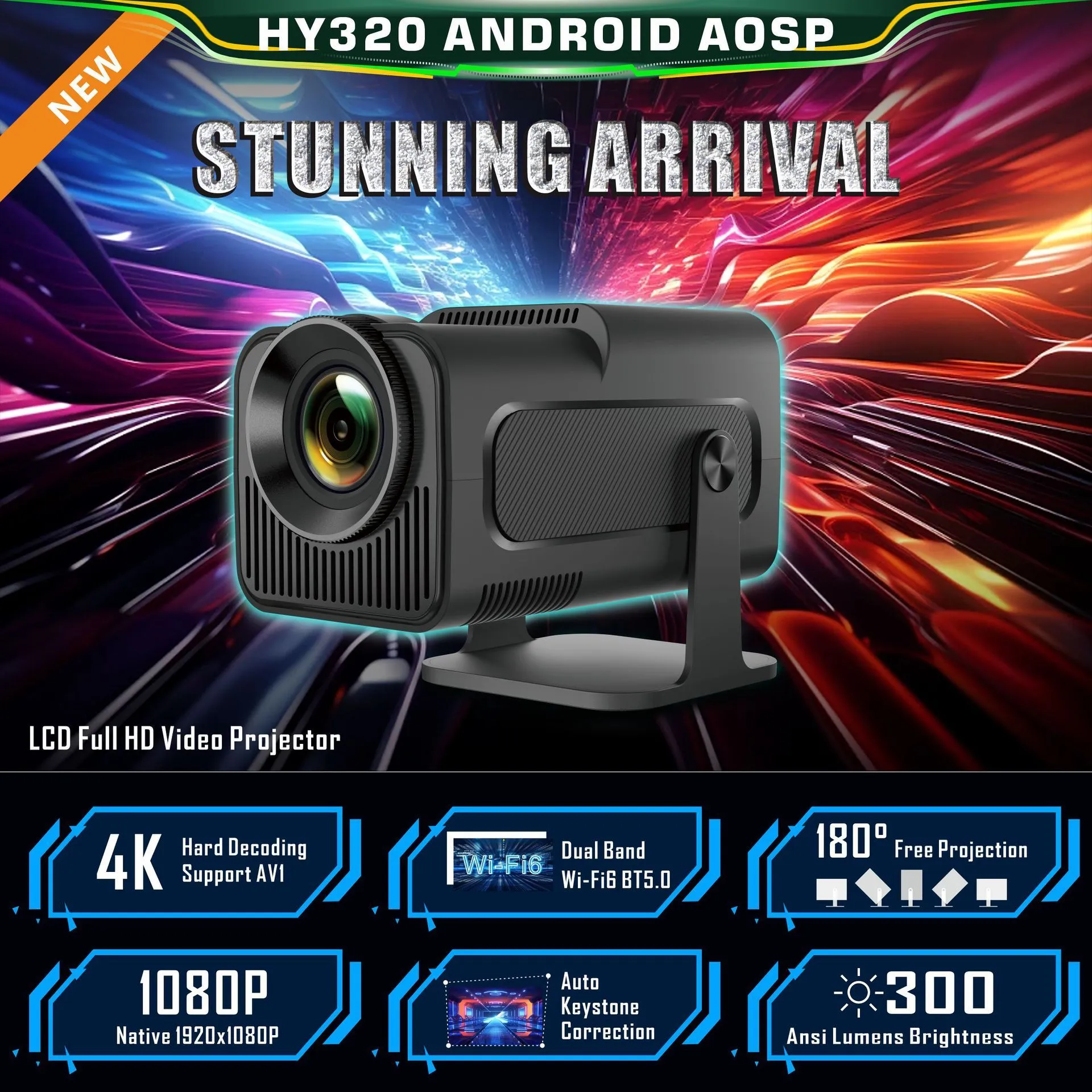 HY320 Android smart projector with 1080p resolution, 390 ANSI lumens, and rotatable PTZ bracket