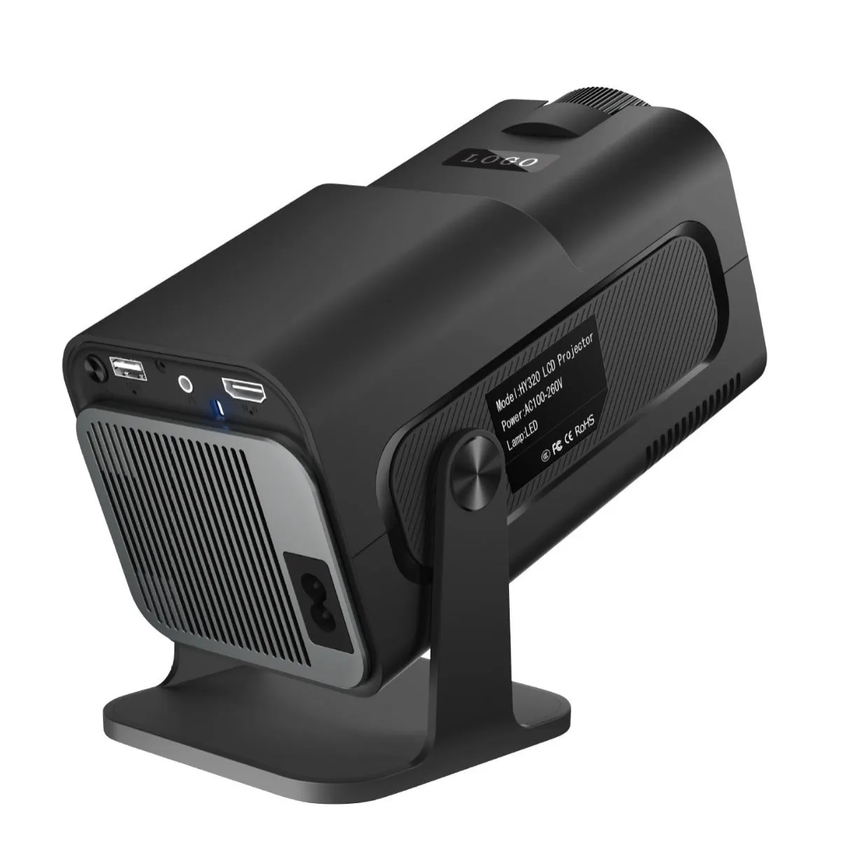 HY320 Android smart projector with 1080p resolution, 390 ANSI lumens, and rotatable PTZ bracket