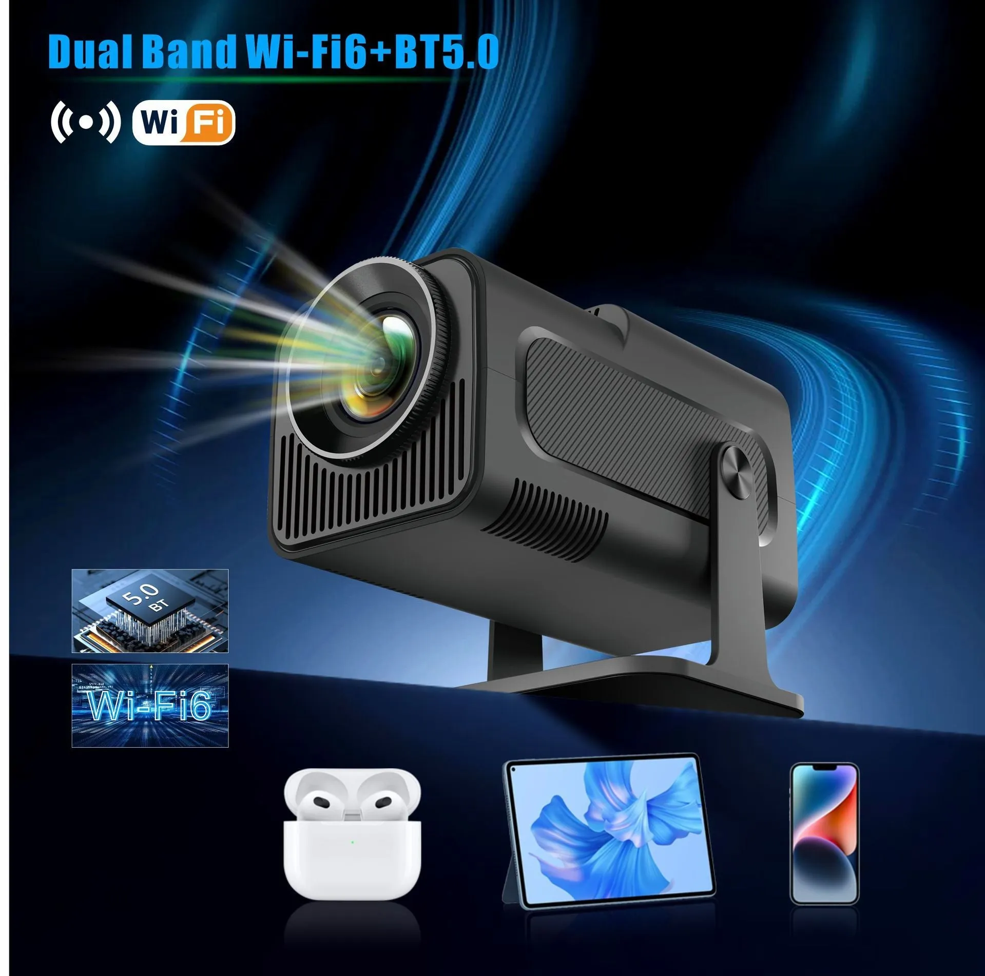 HY320 Android smart projector with 1080p resolution, 390 ANSI lumens, and rotatable PTZ bracket