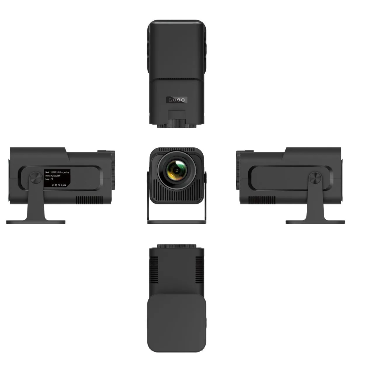 HY320 Android smart projector with 1080p resolution, 390 ANSI lumens, and rotatable PTZ bracket