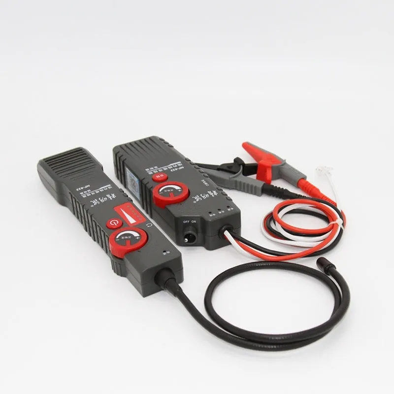 Line finder buried wire cable tester with transmitter and receiver, 50x200mm, on a workbench