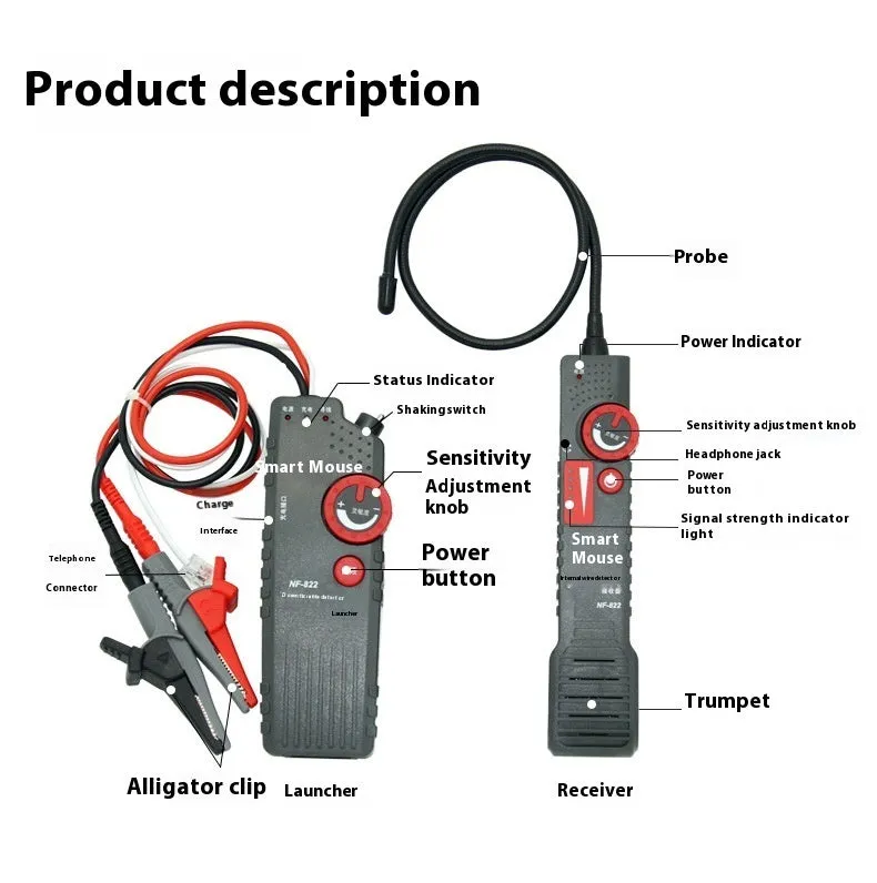 Line finder buried wire cable tester with transmitter and receiver, 50x200mm, on a workbench
