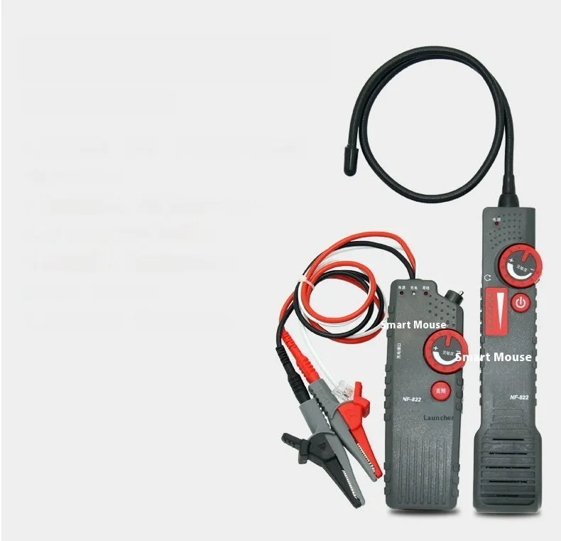 Line finder buried wire cable tester with transmitter and receiver, 50x200mm, on a workbench