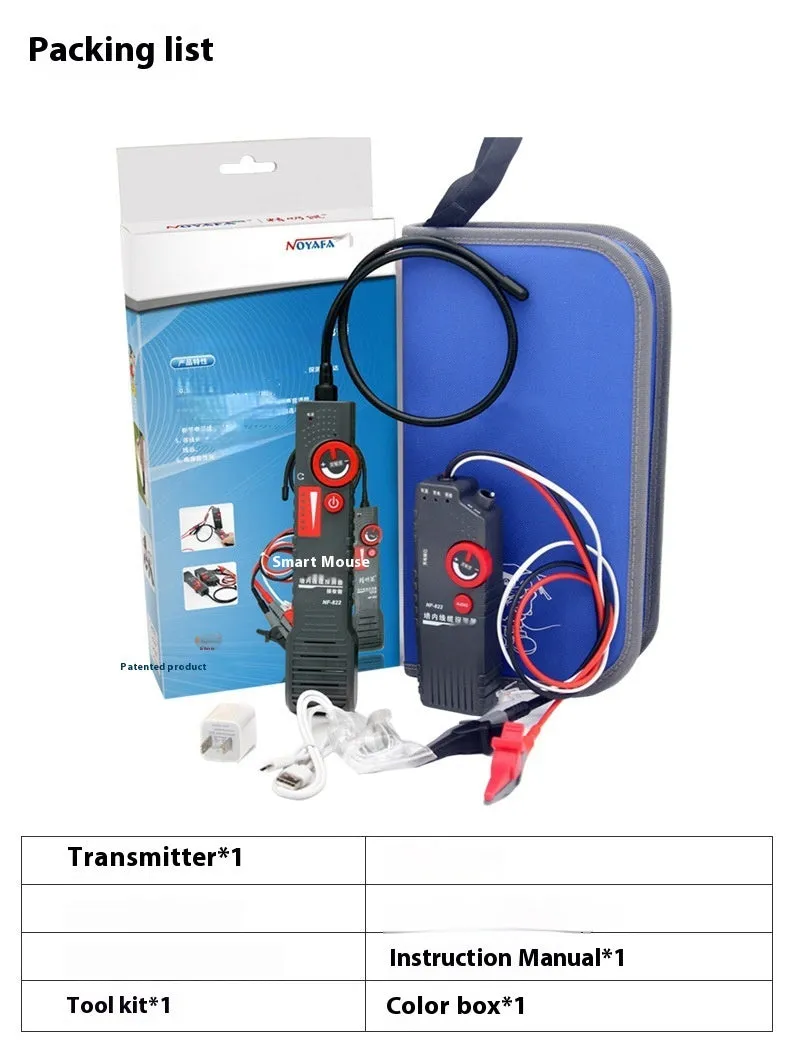 Line finder buried wire cable tester with transmitter and receiver, 50x200mm, on a workbench