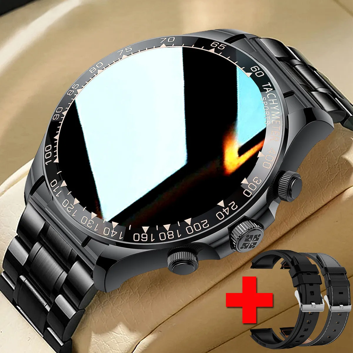 Round screen smart watch EX108 with black silicone band showing time display on IPS touch screen