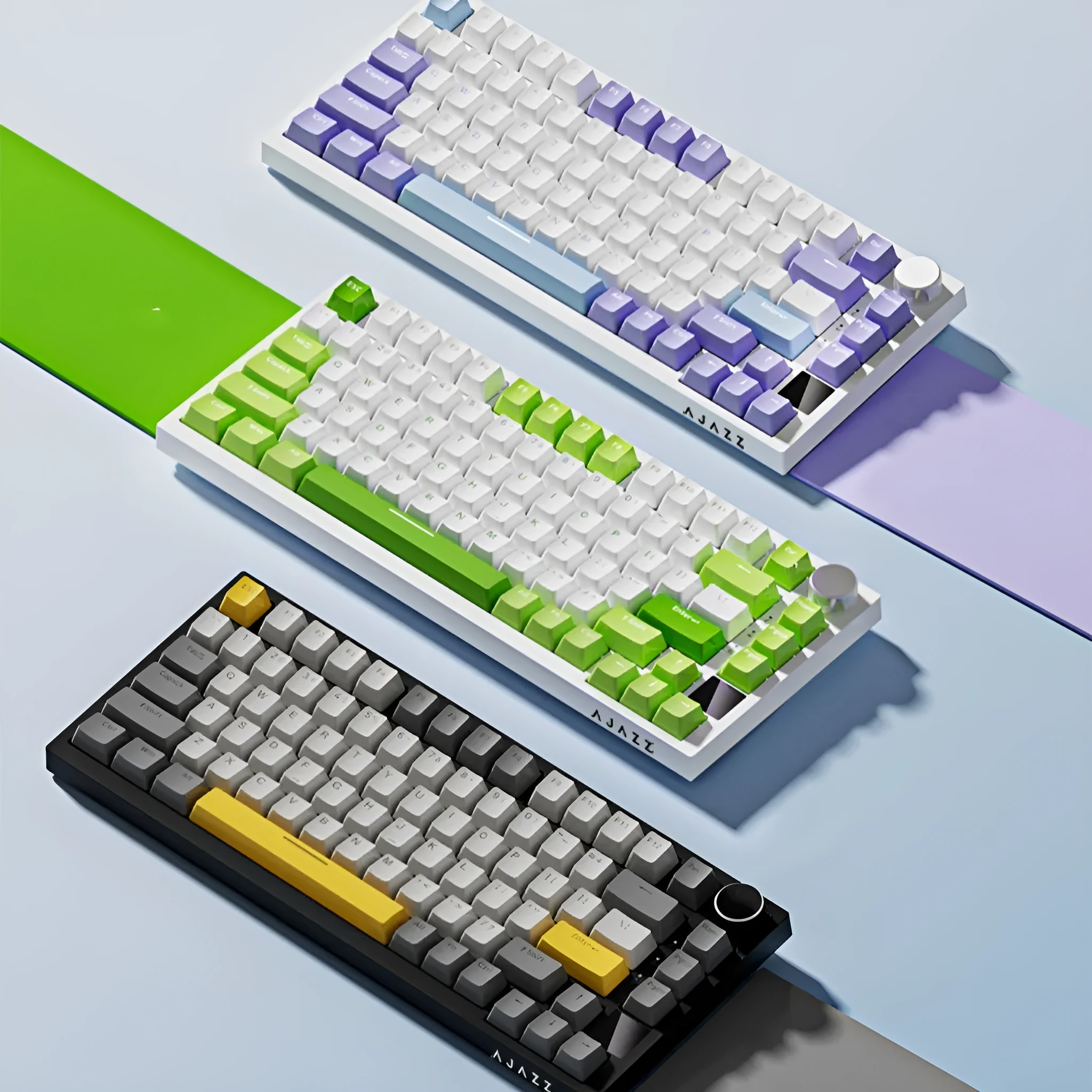 Wireless mechanical keyboard with side-carved PBT keycaps in blue white purple colour, three-mode connectivity, 327x136x40mm