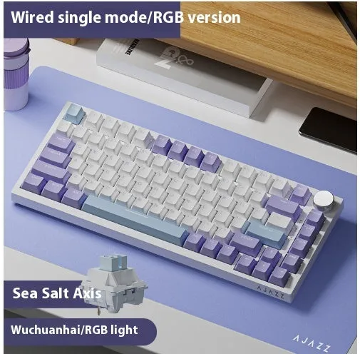 Wireless mechanical keyboard with side-carved PBT keycaps in blue white purple colour, three-mode connectivity, 327x136x40mm
