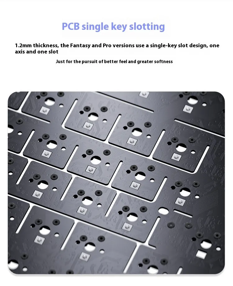 Wireless mechanical keyboard with side-carved PBT keycaps in blue white purple colour, three-mode connectivity, 327x136x40mm
