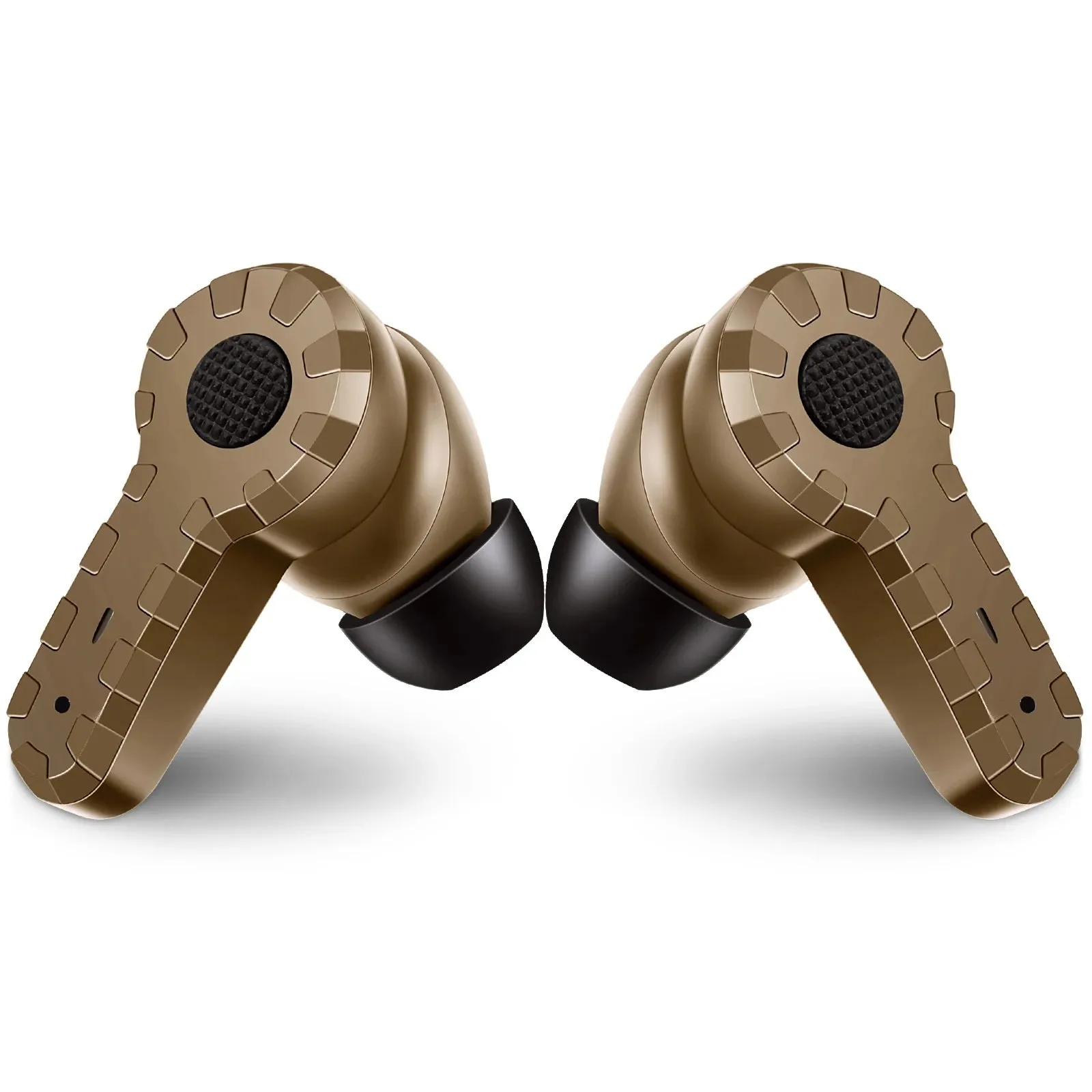 Tactical noise reduction earplugs in green, black, and mud colours with rechargeable pickup hearing for shooting and industrial use