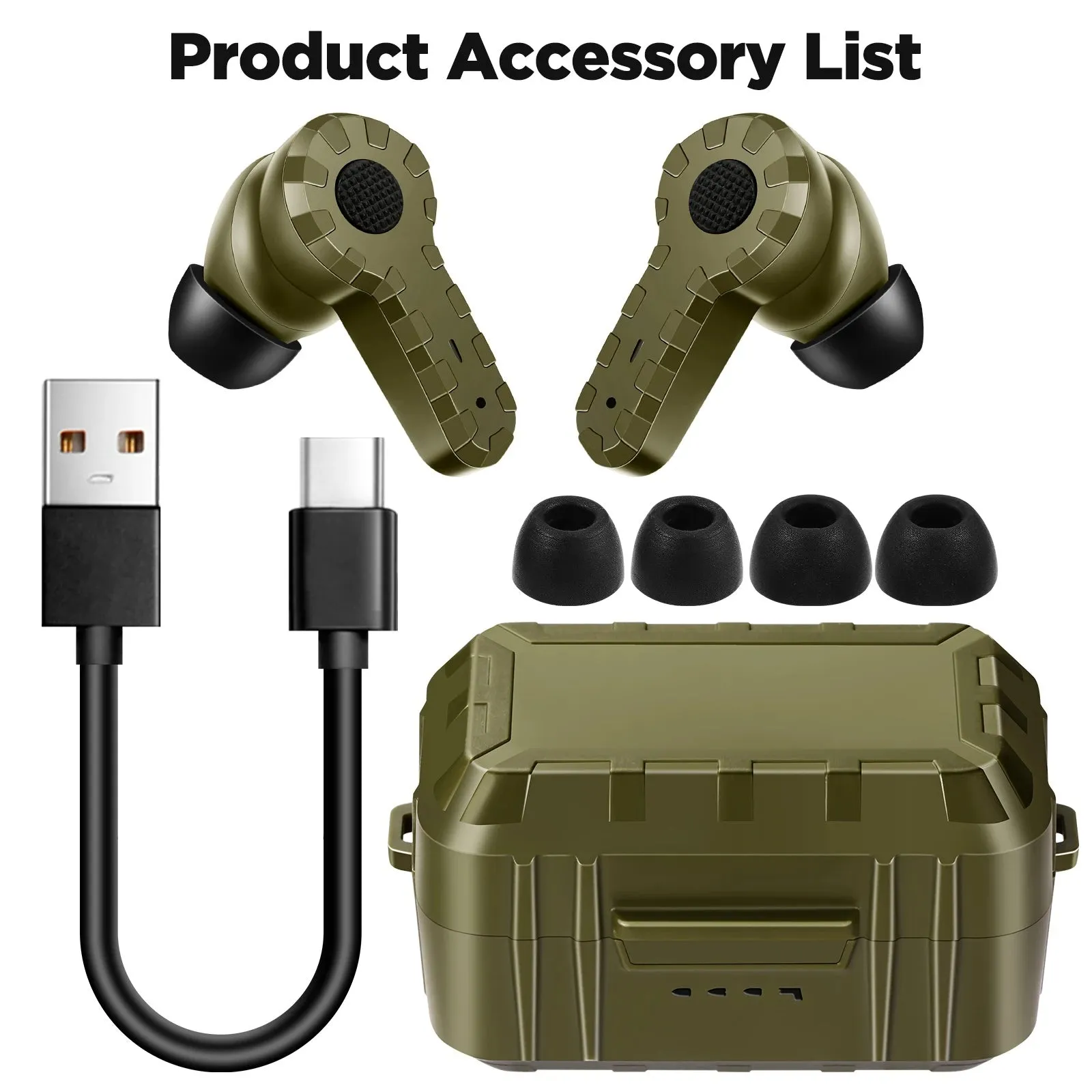 Tactical noise reduction earplugs in green, black, and mud colours with rechargeable pickup hearing for shooting and industrial use