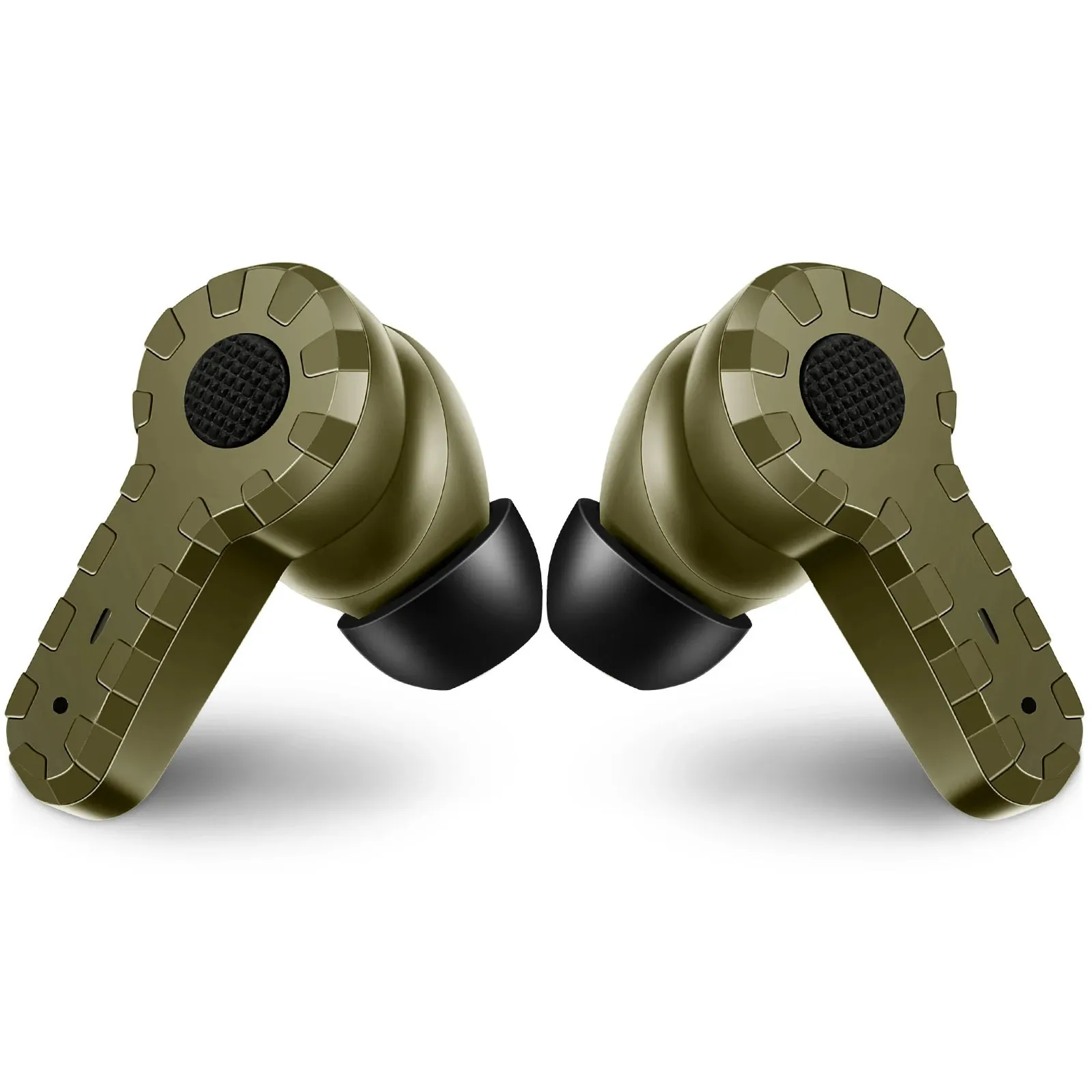 Tactical noise reduction earplugs in green, black, and mud colours with rechargeable pickup hearing for shooting and industrial use