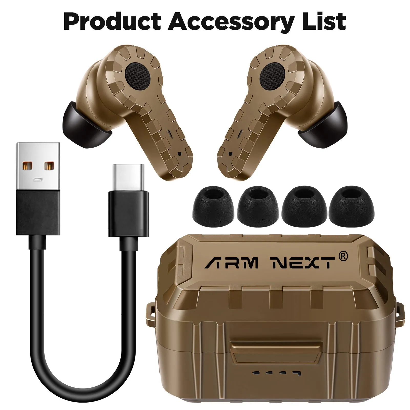Tactical noise reduction earplugs in green, black, and mud colours with rechargeable pickup hearing for shooting and industrial use