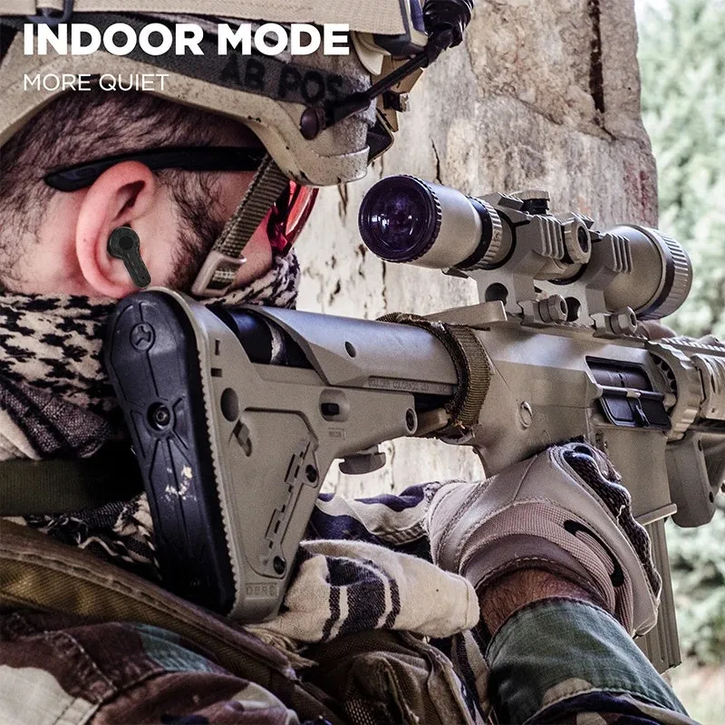Tactical noise reduction earplugs in green, black, and mud colours with rechargeable pickup hearing for shooting and industrial use