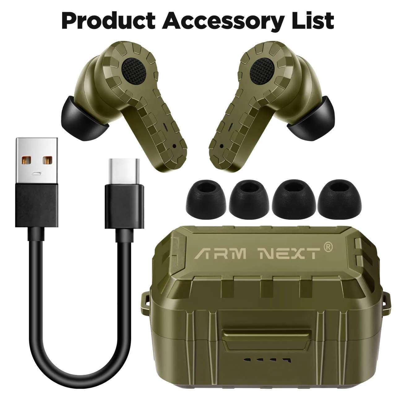 Tactical noise reduction earplugs in green, black, and mud colours with rechargeable pickup hearing for shooting and industrial use