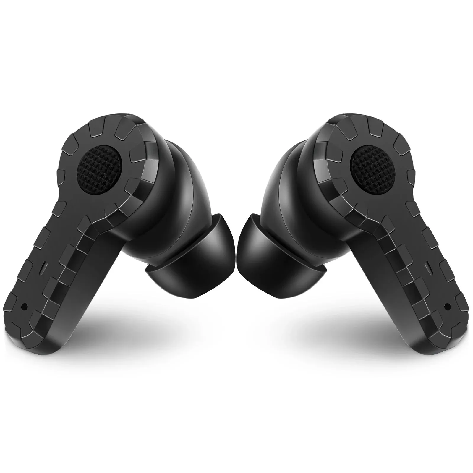 Tactical noise reduction earplugs in green, black, and mud colours with rechargeable pickup hearing for shooting and industrial use