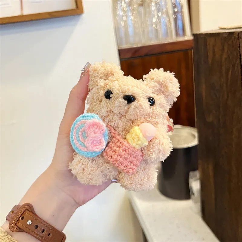 Cute lollipop ice cream bear plush earphone sleeve for Apple AirPods, velvet hand-woven soft shell case, lollipop sherbet colour