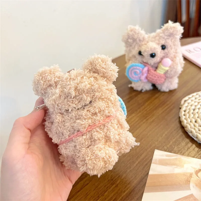 Cute lollipop ice cream bear plush earphone sleeve for Apple AirPods, velvet hand-woven soft shell case, lollipop sherbet colour