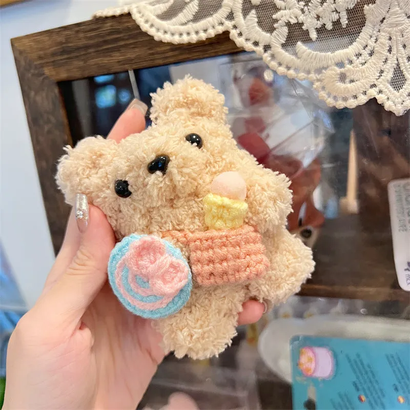 Cute lollipop ice cream bear plush earphone sleeve for Apple AirPods, velvet hand-woven soft shell case, lollipop sherbet colour