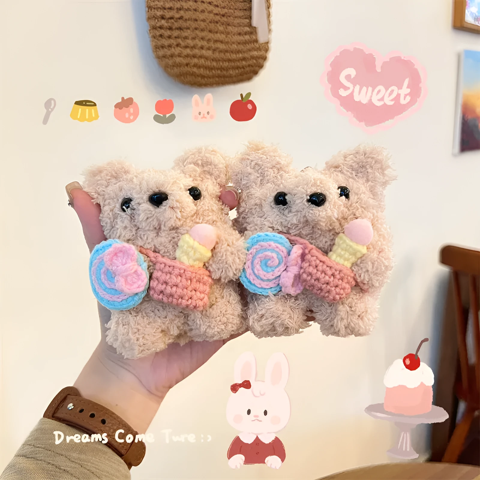 Cute lollipop ice cream bear plush earphone sleeve for Apple AirPods, velvet hand-woven soft shell case, lollipop sherbet colour