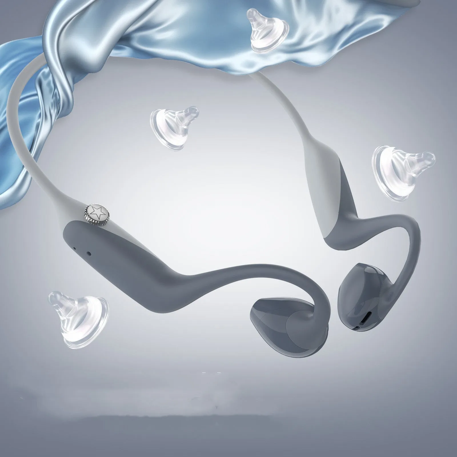 Bone conduction air conduction open sports Bluetooth headset in blue with ear hook design