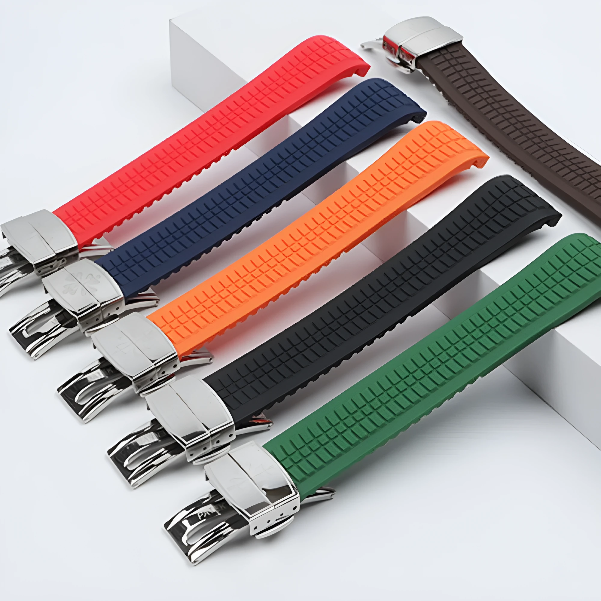 21mm rubber watch strap with folding buckle in black and silver finish