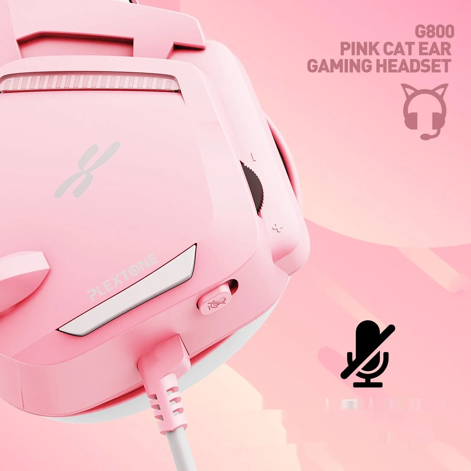 Headworn wired earphones with 50mm driver and line control, pink plextone finish, braided cable, L-shaped 3.5mm plug