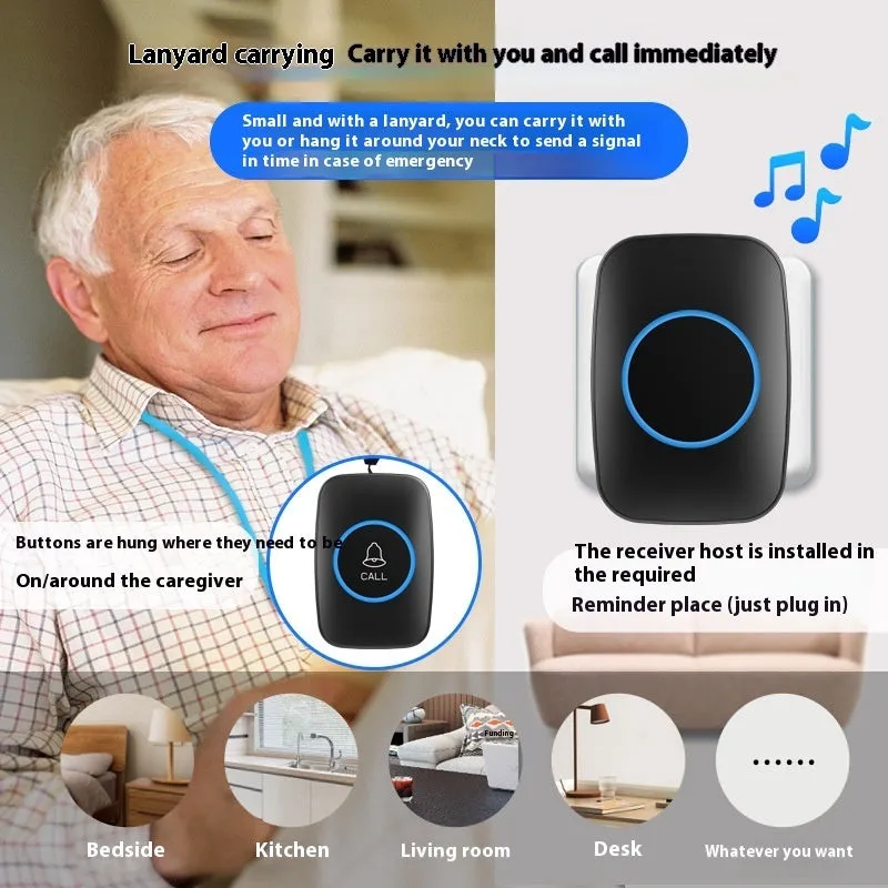 Elderly emergency beeper patient bell device in black, AC powered with 300-metre range pager