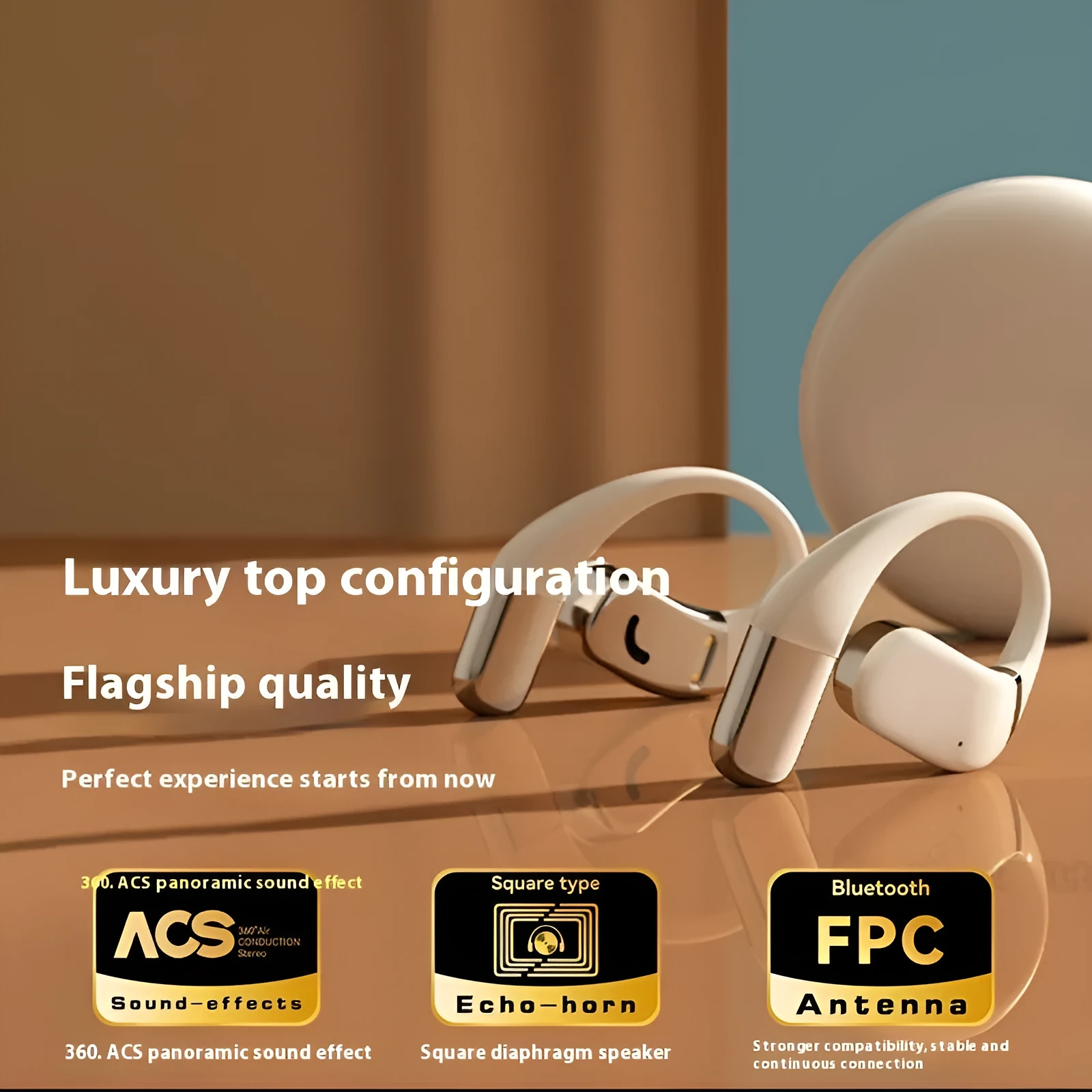 Open wireless Bluetooth headset with silicone ear-hook in black, featuring noise reduction and low latency for gaming