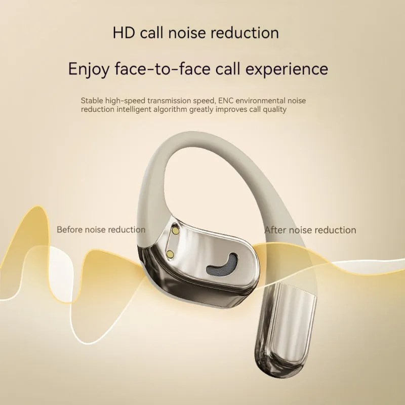 Open wireless Bluetooth headset with silicone ear-hook in black, featuring noise reduction and low latency for gaming