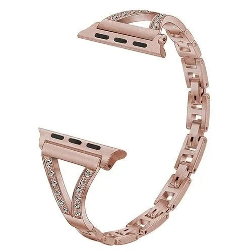 Stainless steel Apple Watch strap with diamond studs in black, gold, pink, rose gold, and white colour options.