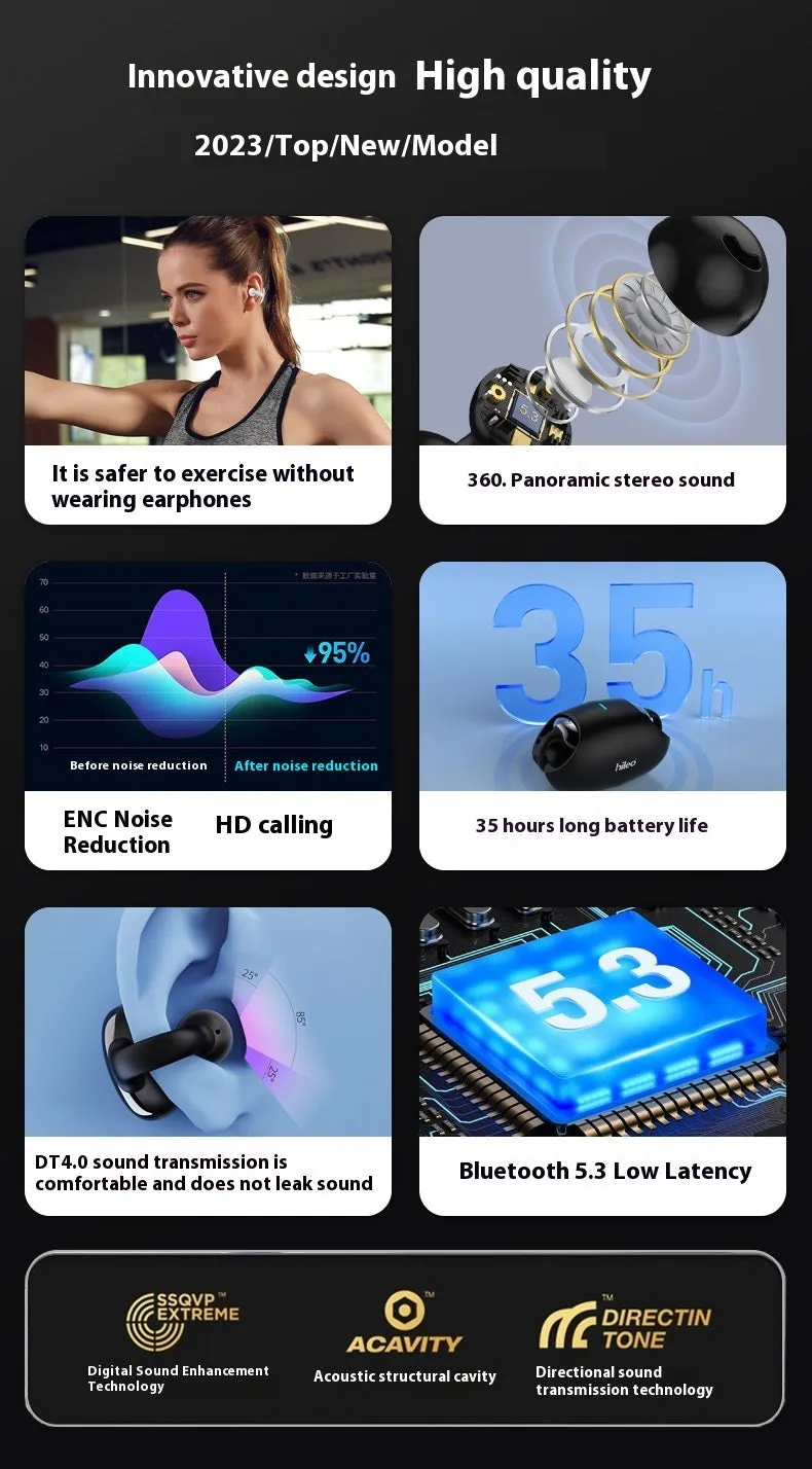 Clip-on true wireless Bluetooth headset sports non in-ear stereo earphone black white colour