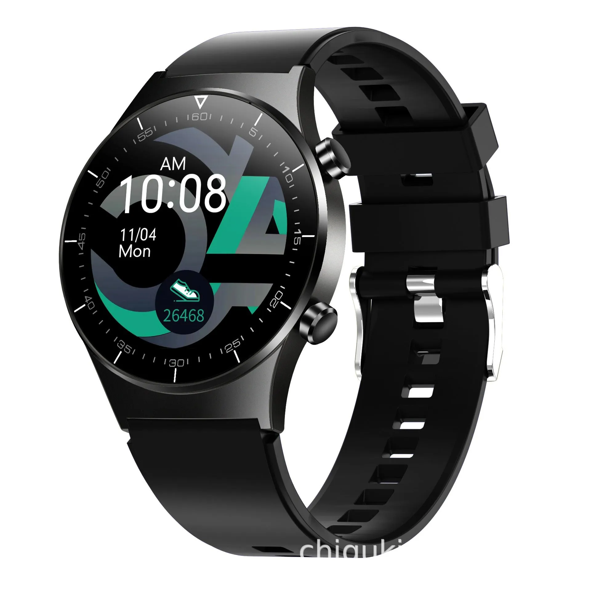 Black sports smartwatch with 1.28-inch glass touchscreen display on TPU wrist strap