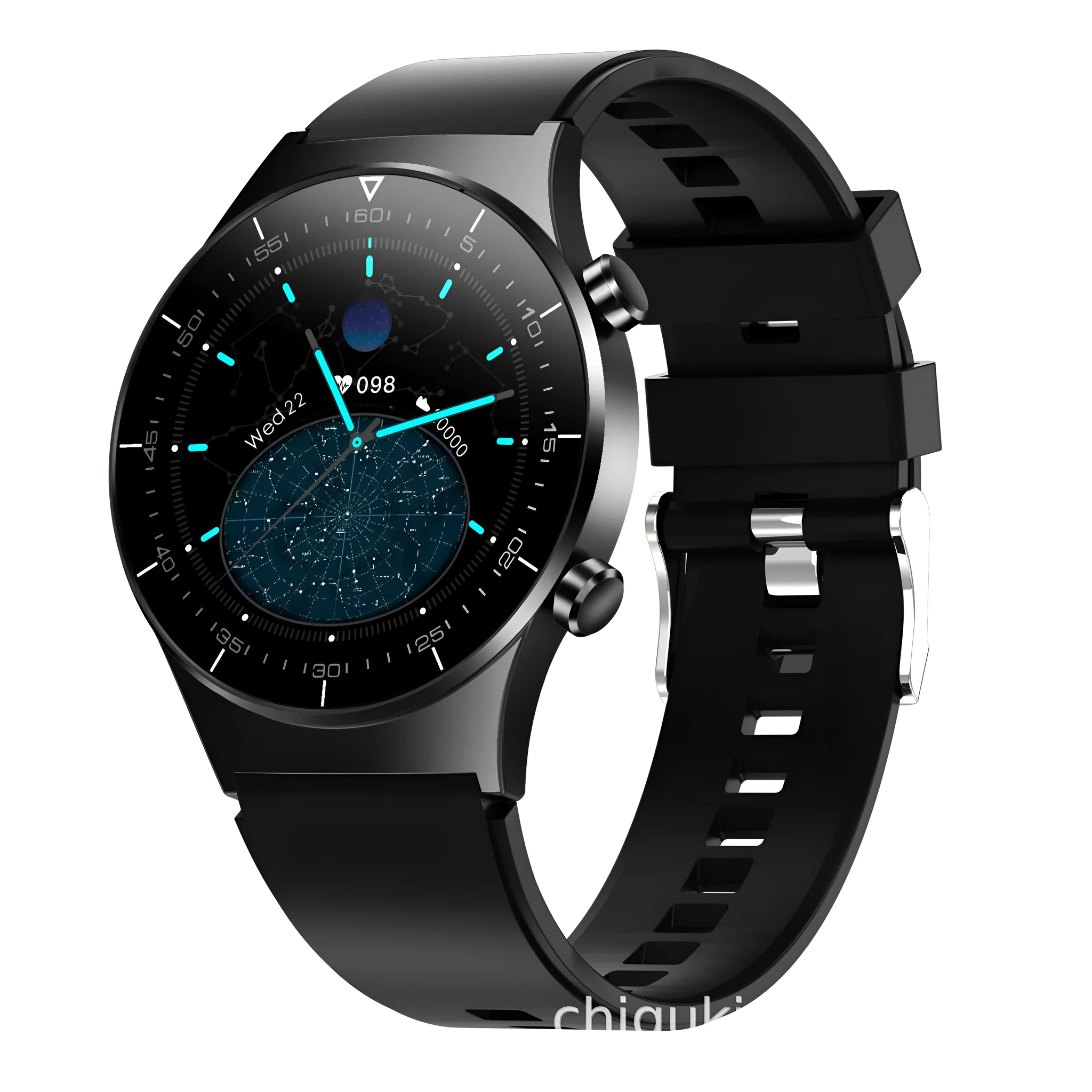 Black sports smartwatch with 1.28-inch glass touchscreen display on TPU wrist strap