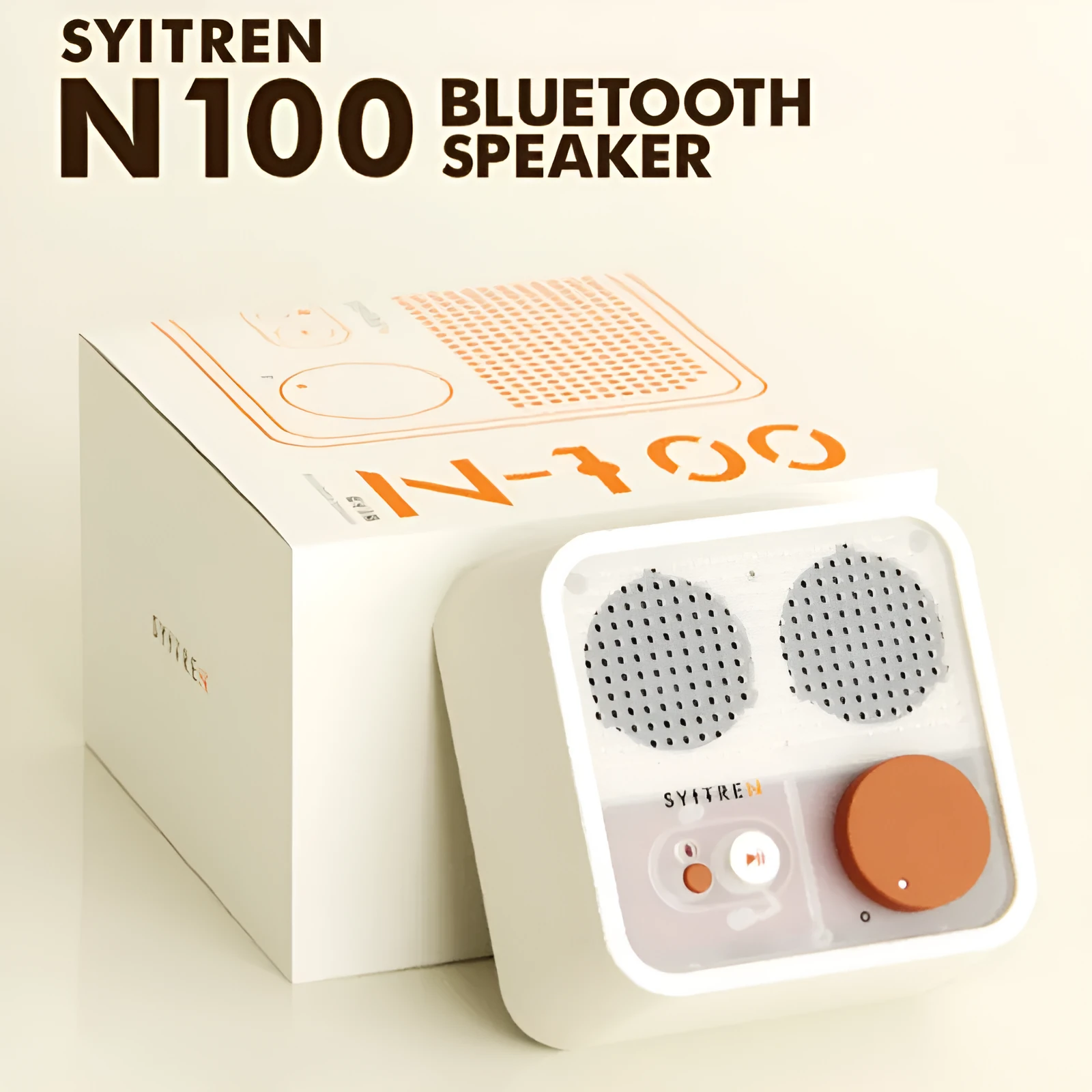 Mini retro Bluetooth speaker in Milk White with compact design, 105mm x 105mm x 50mm