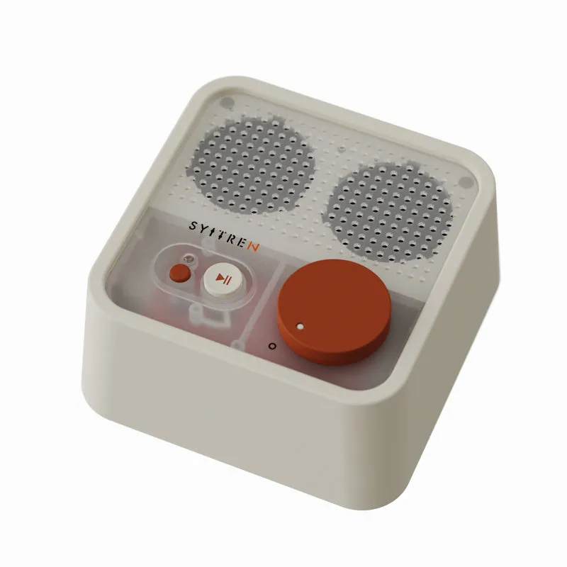 Mini retro Bluetooth speaker in Milk White with compact design, 105mm x 105mm x 50mm