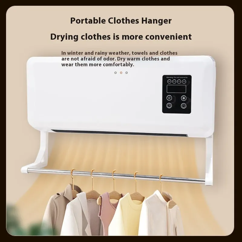 White wall-mounted warm air blower bathroom heater with digital temperature control, 42x18x12cm