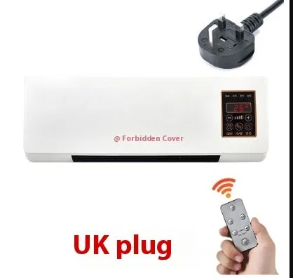 White wall-mounted warm air blower bathroom heater with digital temperature control, 42x18x12cm